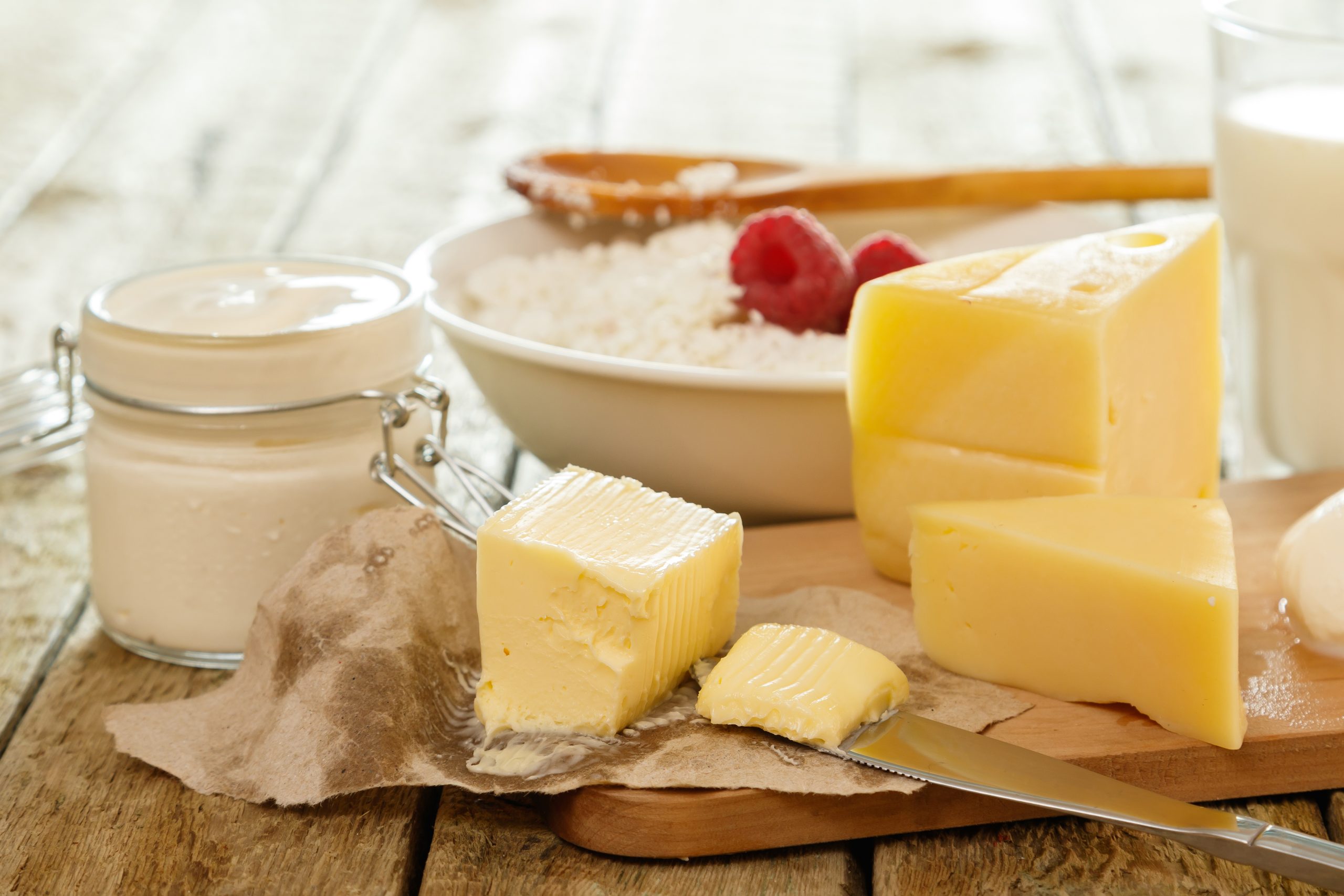 Dairy products on a cutting board